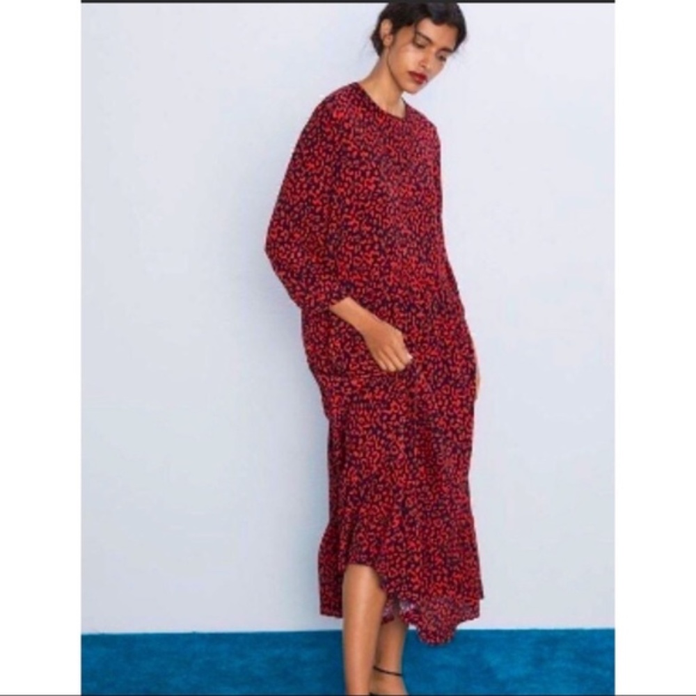 NWOT Zara Dress, Midi, red-black leopard print, size large